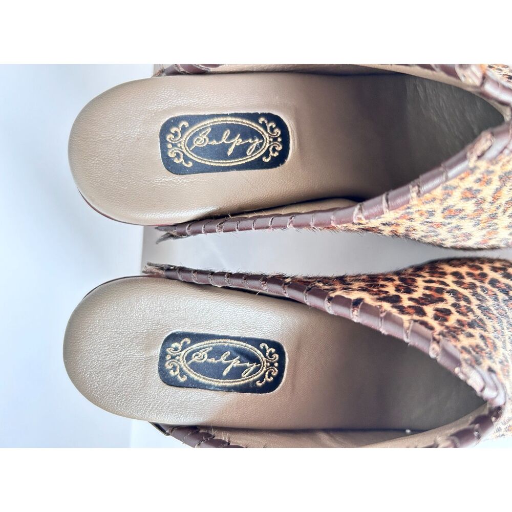 SALPY Studded Hand-Crafted Wooden Platform Leather Leopard Hair Clogs Mules - Picture 8 of 9
